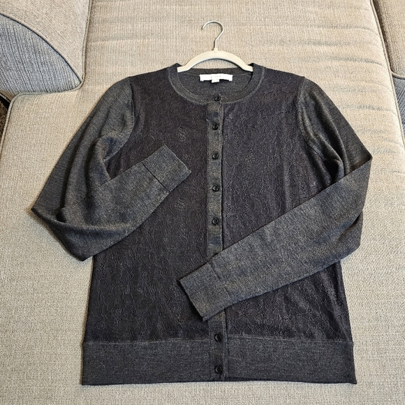 LOFT Sweaters - Loft Gray Black Lace Wool Blend Button Casual Career Sweater Size Medium